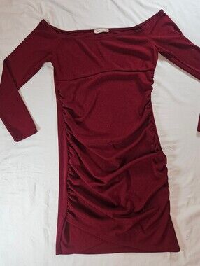 Mezzanine Juniors Deep Red Long Sleeve Off The Shoulder Ruched Dress Size Large